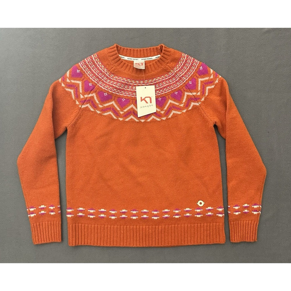 Kari Traa Sundve Wool Blend Knit Sweater Womens Small Orange Pink & White Nordic